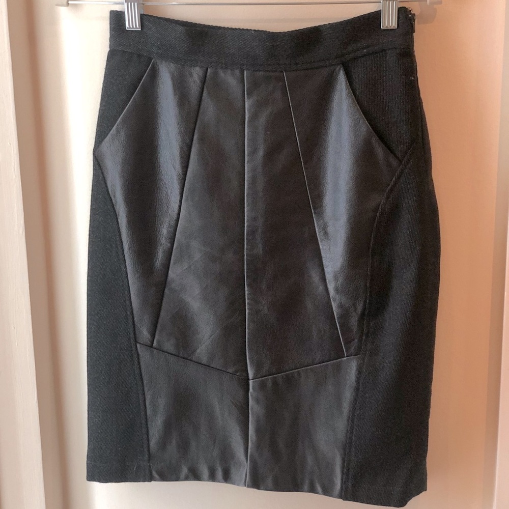Black Leather and Wool Combination Midi Pencil Skirt, size Small